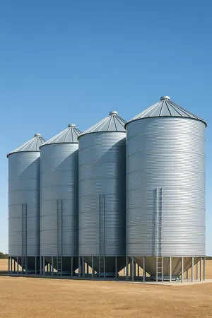 Grain silo anchored on steel footings in a rural location