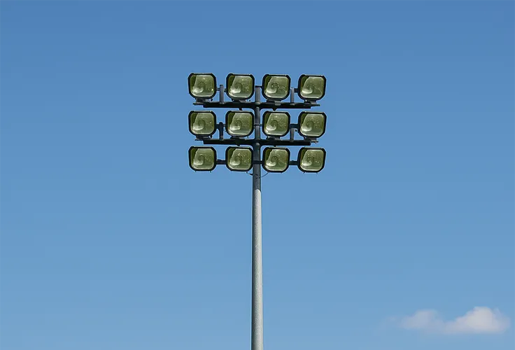 Tall sports lighting pole anchored with steel foundation footing
