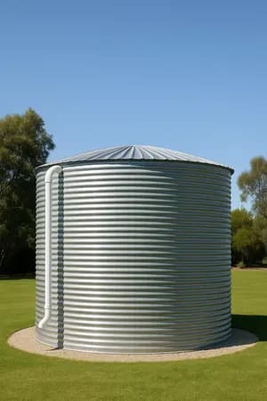 Rainwater tank mounted on concrete-free steel footings